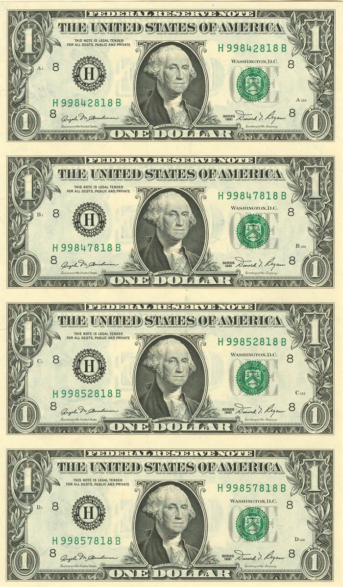 Uncut Sheet of 4 $1 U.S. notes